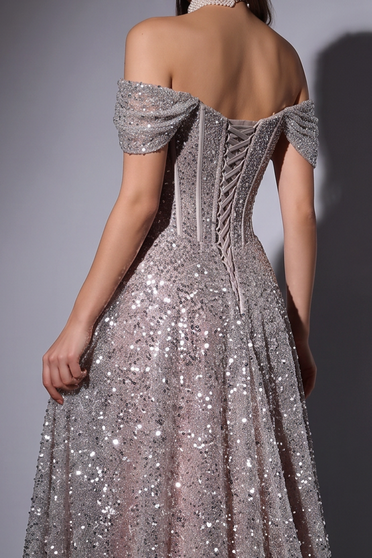 Silver Sequin Off-the-Shoulder Evening Gown with Corset Bodice and Lace-Up Back Plus Size