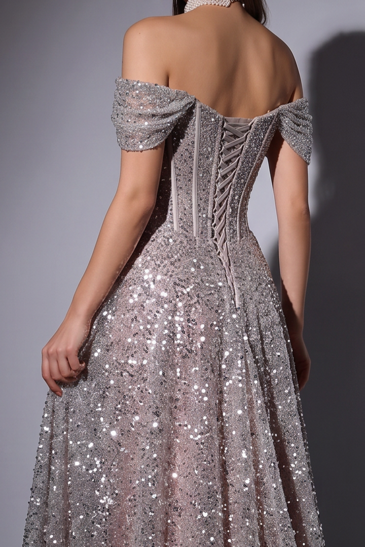 Silver Sequin Off-the-Shoulder Evening Gown with Corset Bodice and Lace-Up Back Plus Size