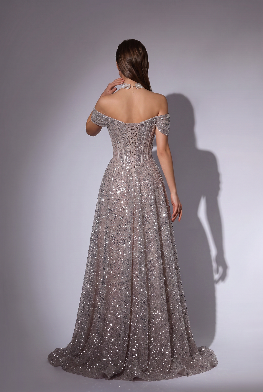 Silver Sequin Off-the-Shoulder Evening Gown with Corset Bodice and Lace-Up Back Plus Size