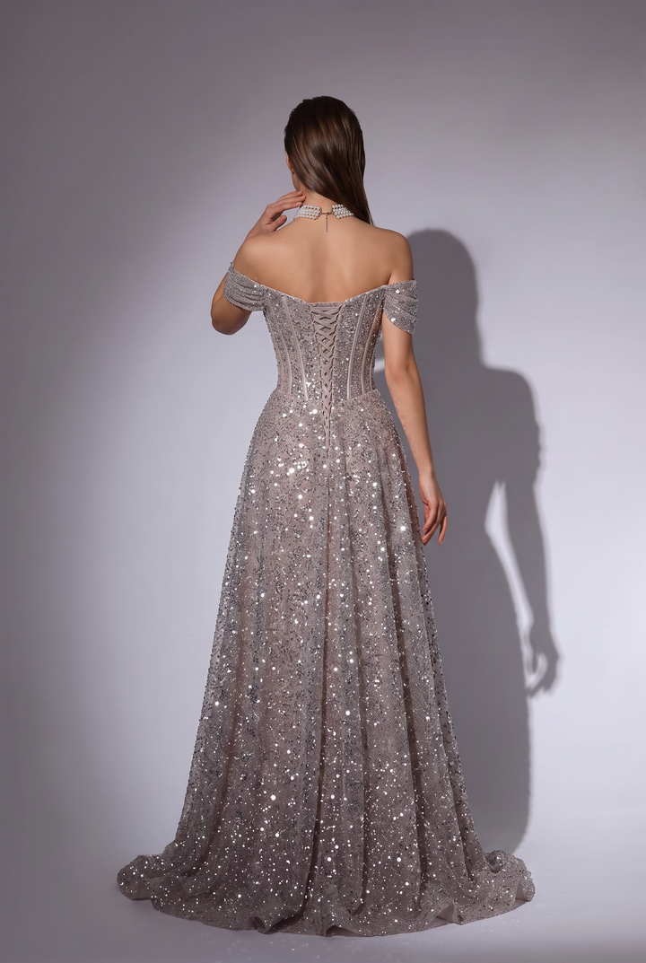 Silver Sequin Off-the-Shoulder Evening Gown with Corset Bodice and Lace-Up Back Plus Size
