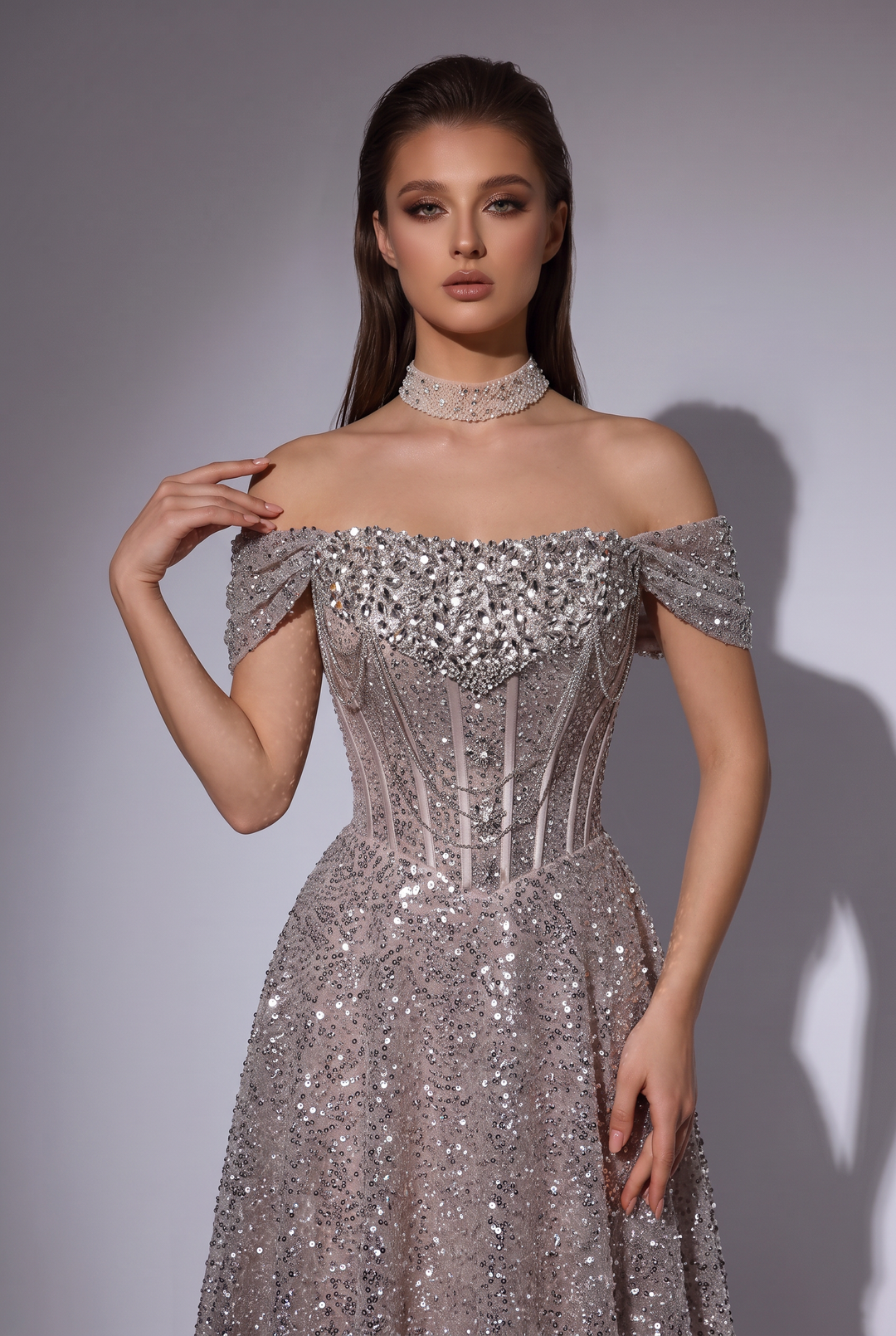 Silver Sequin Off-the-Shoulder Evening Gown with Corset Bodice and Lace-Up Back Plus Size