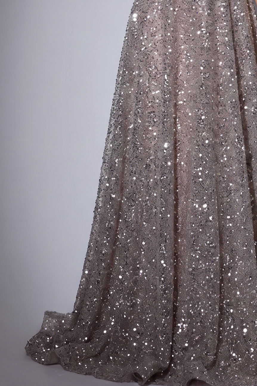 Silver Sequin Off-the-Shoulder Evening Gown with Corset Bodice and Lace-Up Back Plus Size