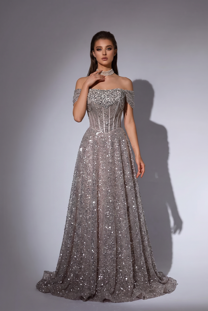 Silver Sequin Off-the-Shoulder Evening Gown with Corset Bodice and Lace-Up Back Plus Size
