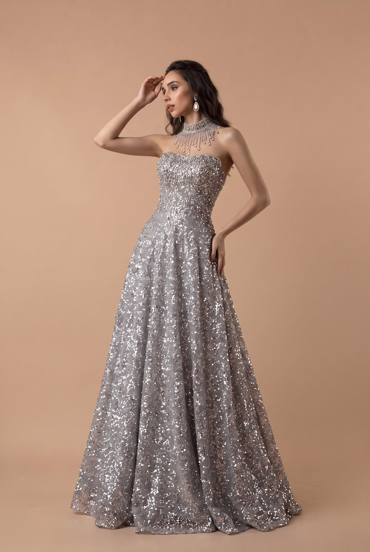 Silver Sequin Wedding Dress with Strapless Bodice - Sparkling A-Line Evening Gown with Draped Back Train - Glamorous Wedding Dress Plus Size