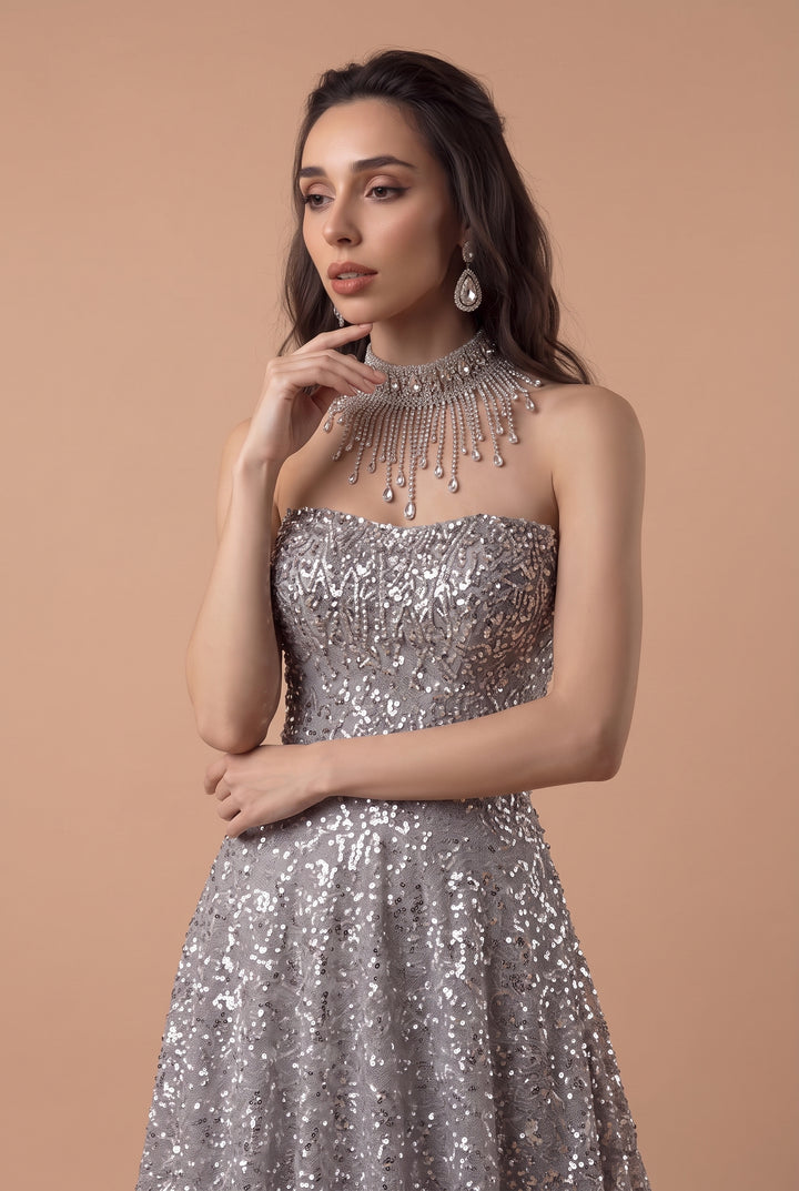Silver Sequin Wedding Dress with Strapless Bodice - Sparkling A-Line Evening Gown with Draped Back Train - Glamorous Wedding Dress Plus Size