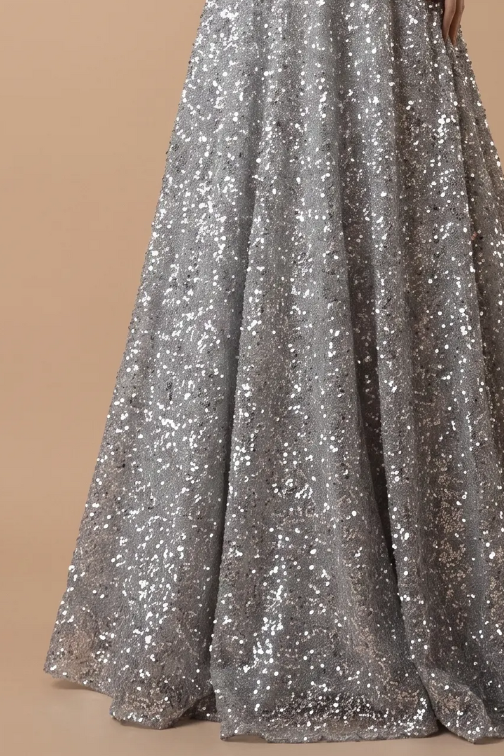 Silver Sequin Wedding Dress with Strapless Bodice - Sparkling A-Line Evening Gown with Draped Back Train - Glamorous Wedding Dress Plus Size