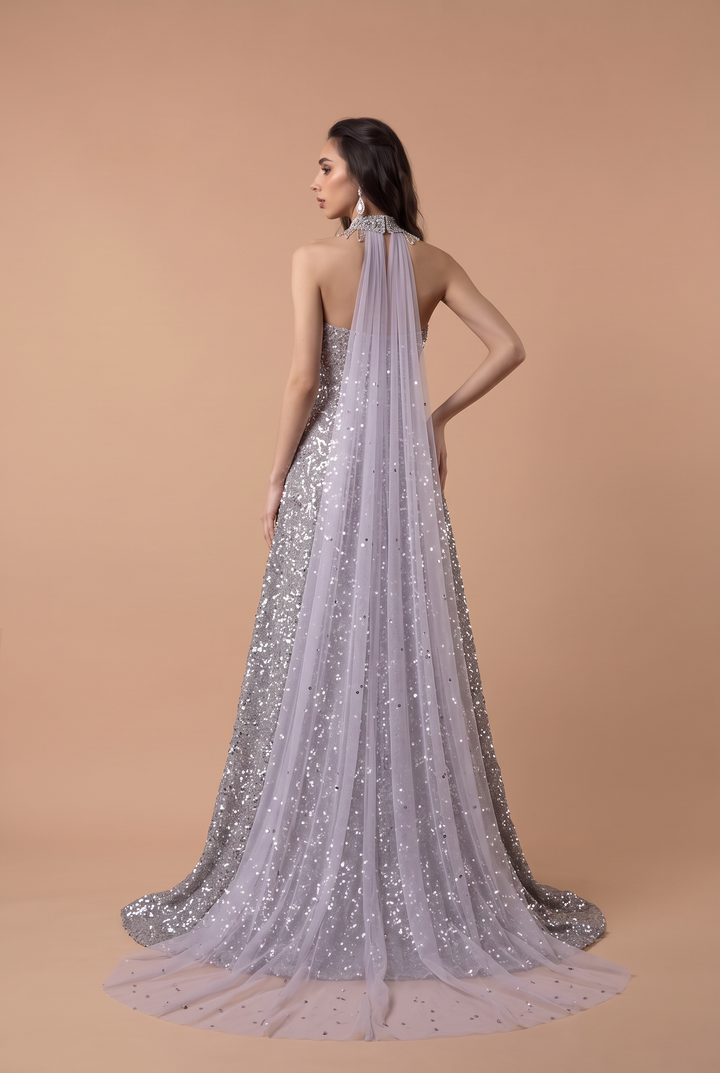 Silver Sequin Wedding Dress with Strapless Bodice - Sparkling A-Line Evening Gown with Draped Back Train - Glamorous Wedding Dress Plus Size