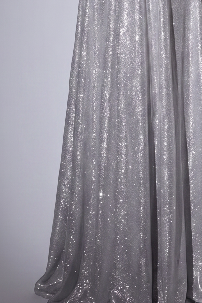 Silver Sparkly Halter Evening Gown with Bow Back - Glitter A-Line Formal Dress with Long Gloves - Metallic Prom Gown Plus Size