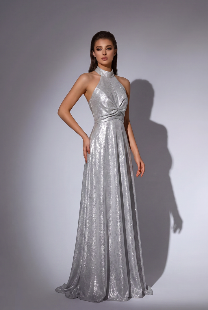 Silver Sparkly Halter Evening Gown with Bow Back - Glitter A-Line Formal Dress with Long Gloves - Metallic Prom Gown Plus Size