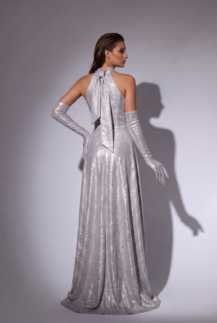 Silver Sparkly Halter Evening Gown with Bow Back - Glitter A-Line Formal Dress with Long Gloves - Metallic Prom Gown Plus Size