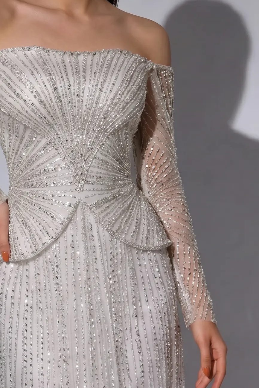 Silver White Off Shoulder Beaded Evening Gown with Illusion Long Sleeves and Crystal Choker Neckline – Formal Dress Plus Size