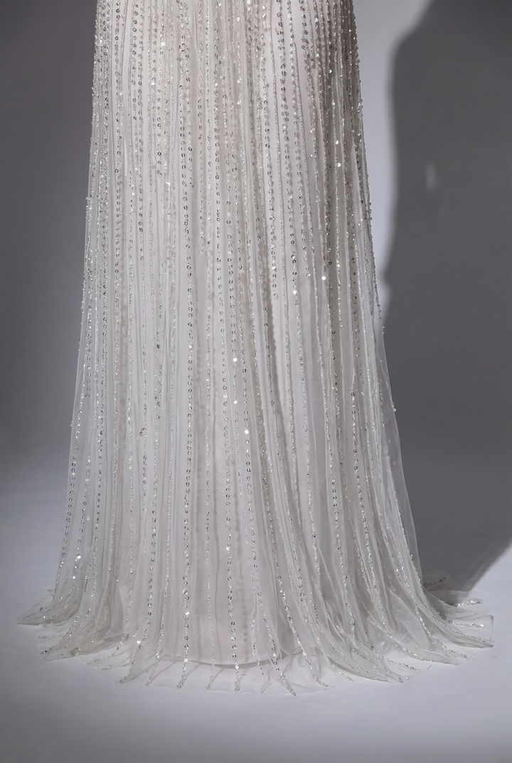 Silver White Off Shoulder Beaded Evening Gown with Illusion Long Sleeves and Crystal Choker Neckline – Formal Dress Plus Size