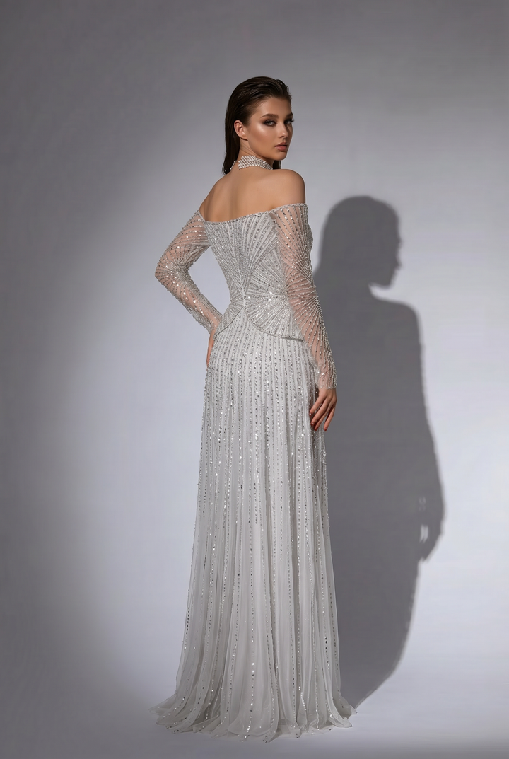 Silver White Off Shoulder Beaded Evening Gown with Illusion Long Sleeves and Crystal Choker Neckline – Formal Dress Plus Size