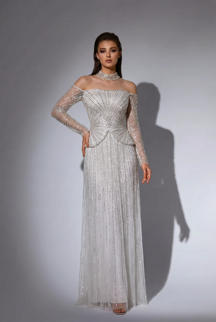 Silver White Off Shoulder Beaded Evening Gown with Illusion Long Sleeves and Crystal Choker Neckline – Formal Dress Plus Size