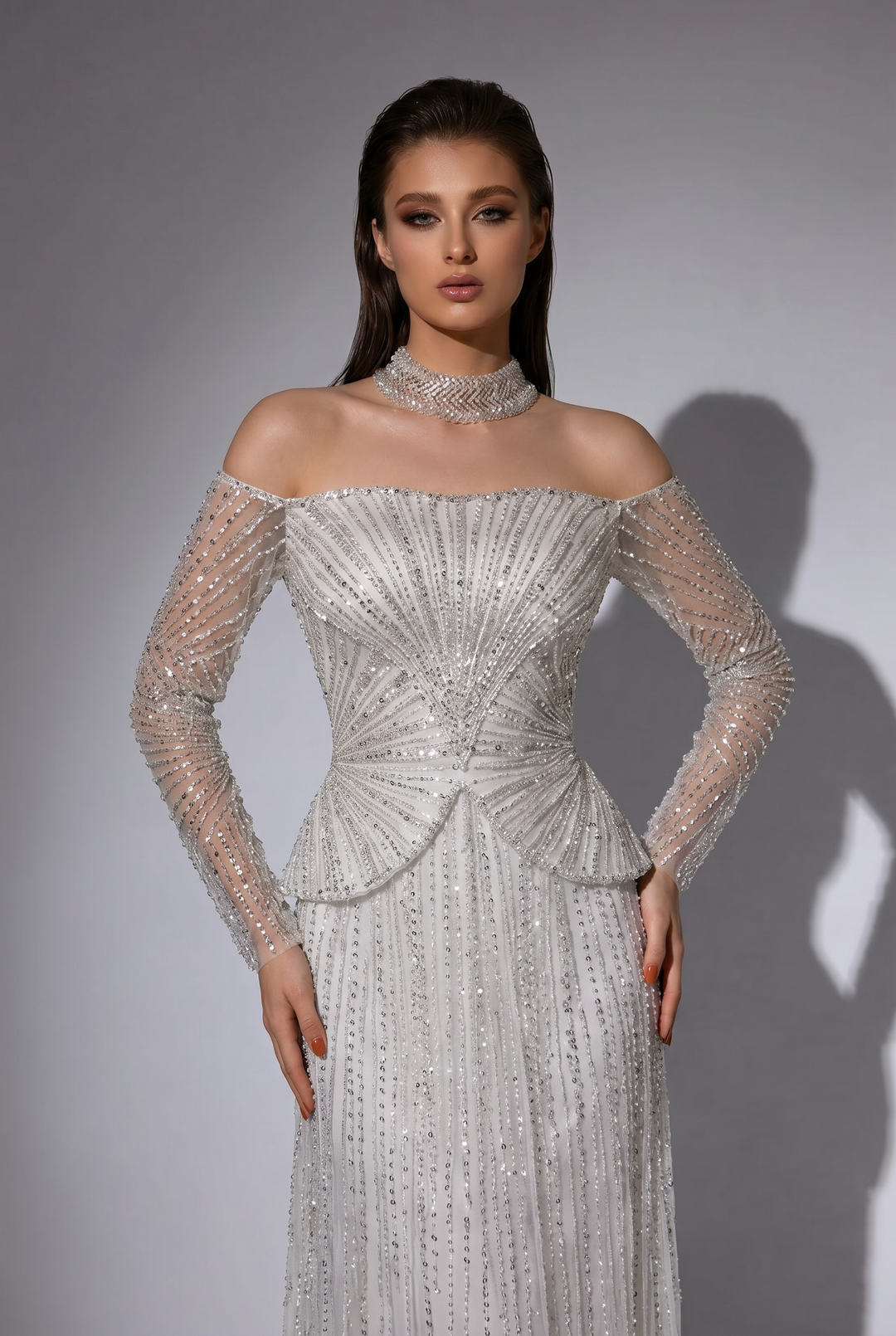 Silver White Off Shoulder Beaded Evening Gown with Illusion Long Sleeves and Crystal Choker Neckline – Formal Dress Plus Size