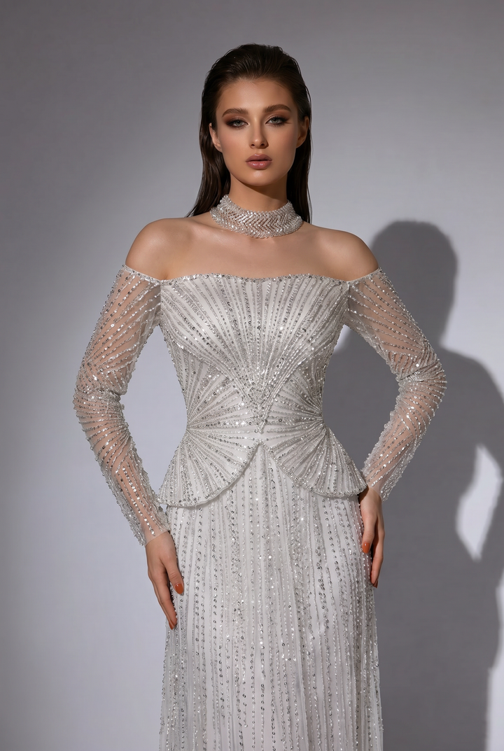 Silver White Off Shoulder Beaded Evening Gown with Illusion Long Sleeves and Crystal Choker Neckline – Formal Dress Plus Size