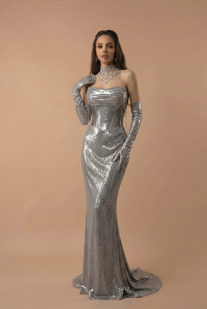 Silver Evening Gown with Corset Back - Mermaid Dress Evening Gown - Sequin Evening Gown and Strapless Evening Gown Plus Size