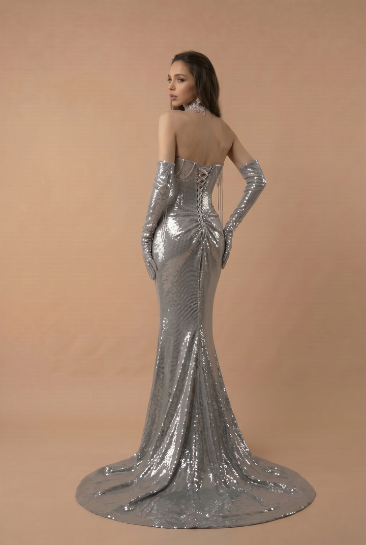 Silver Evening Gown with Corset Back - Mermaid Dress Evening Gown - Sequin Evening Gown and Strapless Evening Gown Plus Size