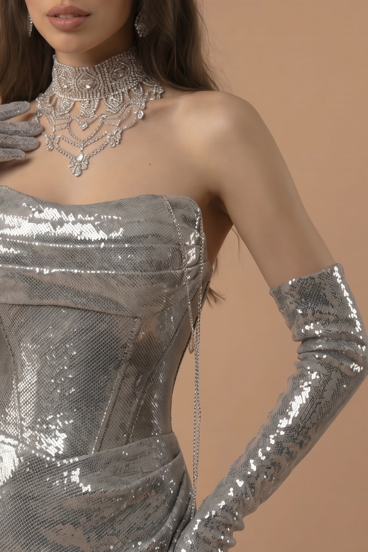 Silver Evening Gown with Corset Back - Mermaid Dress Evening Gown - Sequin Evening Gown and Strapless Evening Gown Plus Size