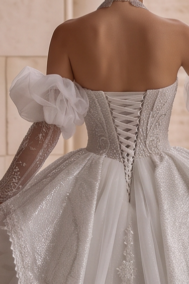 Elegantes Champagner-Abendkleid mit Pailletten und Tüll - Champagner-Kleid für Hochzeitsgäste - Hübsches Paillettenkleid mit langen Ärmeln in Übergröße