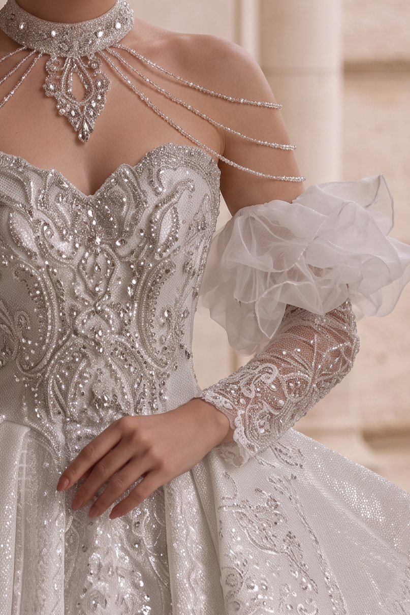 Elegantes Champagner-Abendkleid mit Pailletten und Tüll - Champagner-Kleid für Hochzeitsgäste - Hübsches Paillettenkleid mit langen Ärmeln in Übergröße