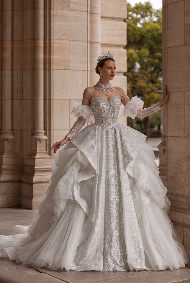 Elegantes Champagner-Abendkleid mit Pailletten und Tüll - Champagner-Kleid für Hochzeitsgäste - Hübsches Paillettenkleid mit langen Ärmeln in Übergröße