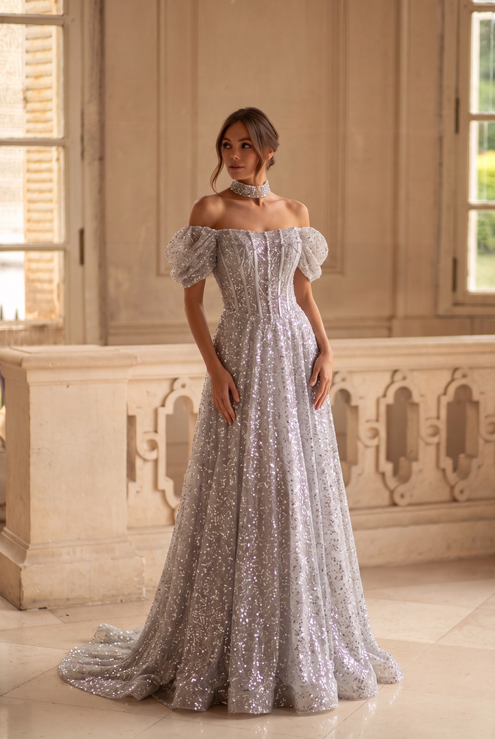 Silver Glitter Dress with Corset Back - Mermaid Dress Evening Gown - illusion formal dress - Sequin Evening Gown with Elegant Fit Plus Size