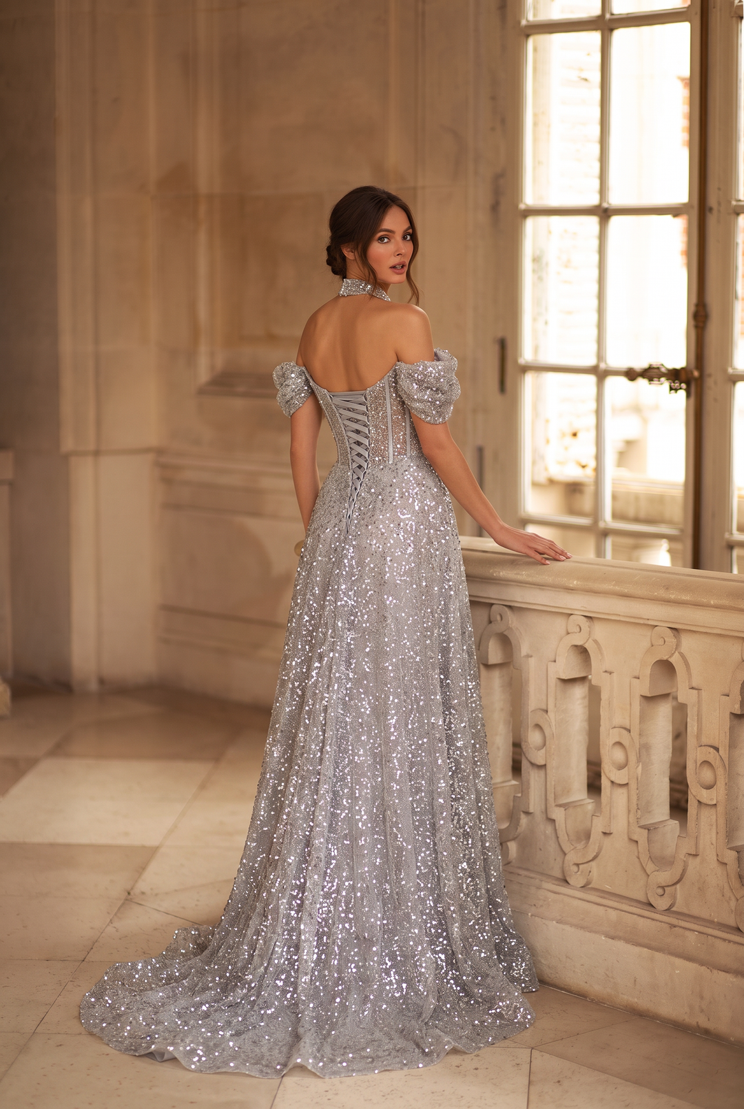 Silver Glitter Dress with Corset Back - Mermaid Dress Evening Gown - illusion formal dress - Sequin Evening Gown with Elegant Fit Plus Size