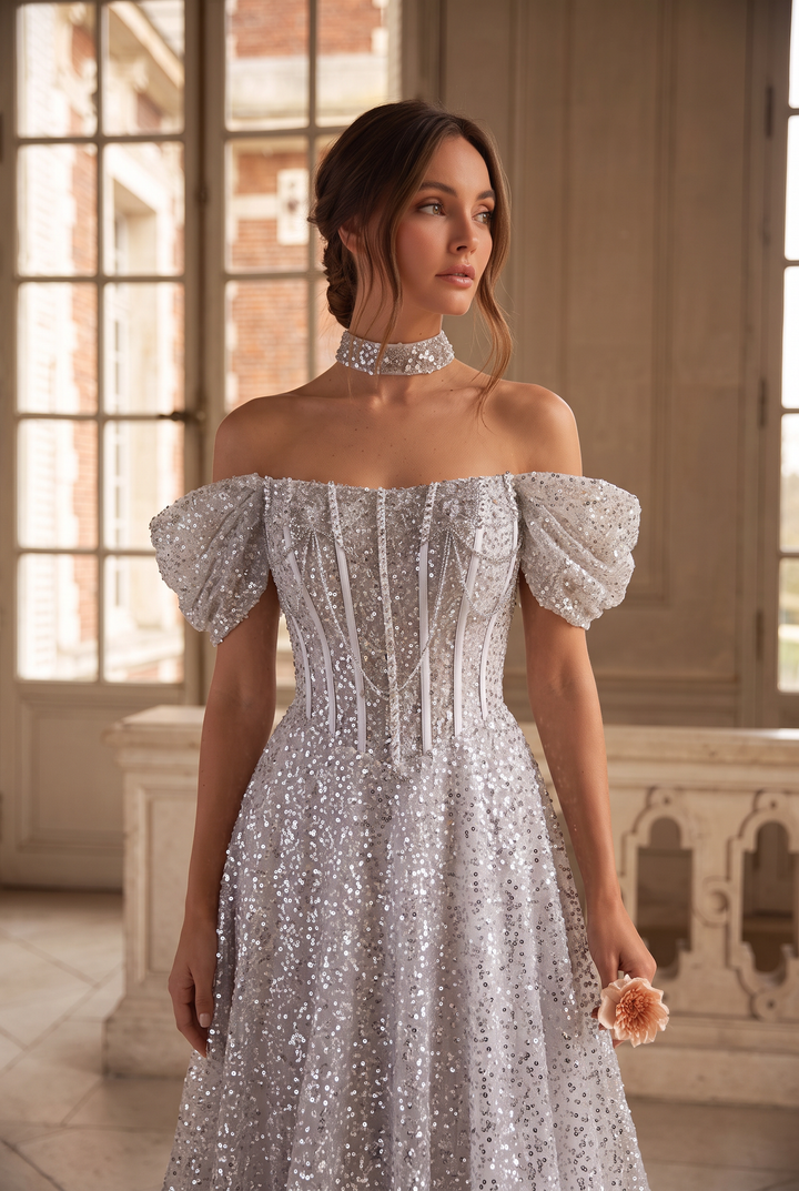 Silver Glitter Dress with Corset Back - Mermaid Dress Evening Gown - illusion formal dress - Sequin Evening Gown with Elegant Fit Plus Size