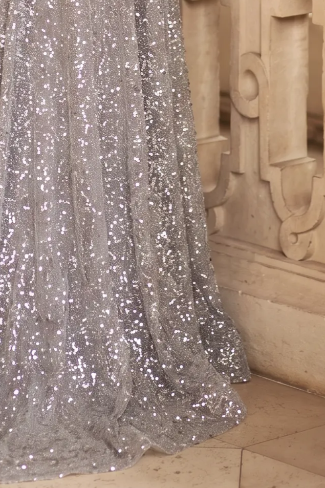 Silver Glitter Dress with Corset Back - Mermaid Dress Evening Gown - illusion formal dress - Sequin Evening Gown with Elegant Fit Plus Size