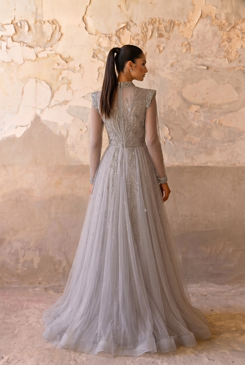 Silver Grey Beaded Long Sleeve Evening Dress and Pretty Sequin Dress
