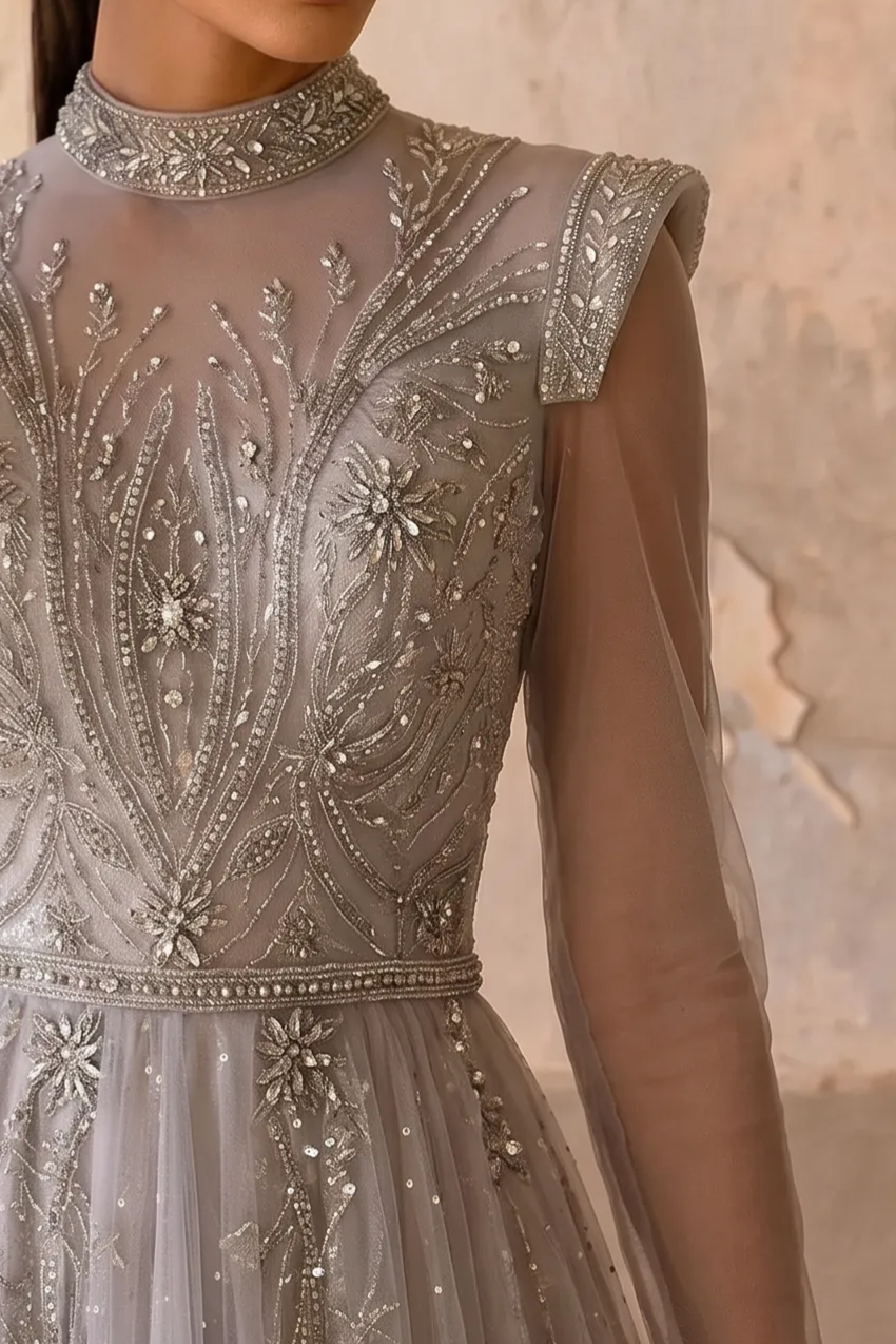 Silver Grey Beaded Long Sleeve Evening Dress and Pretty Sequin Dress - Elegant Tulle Formal Gown Plus Size