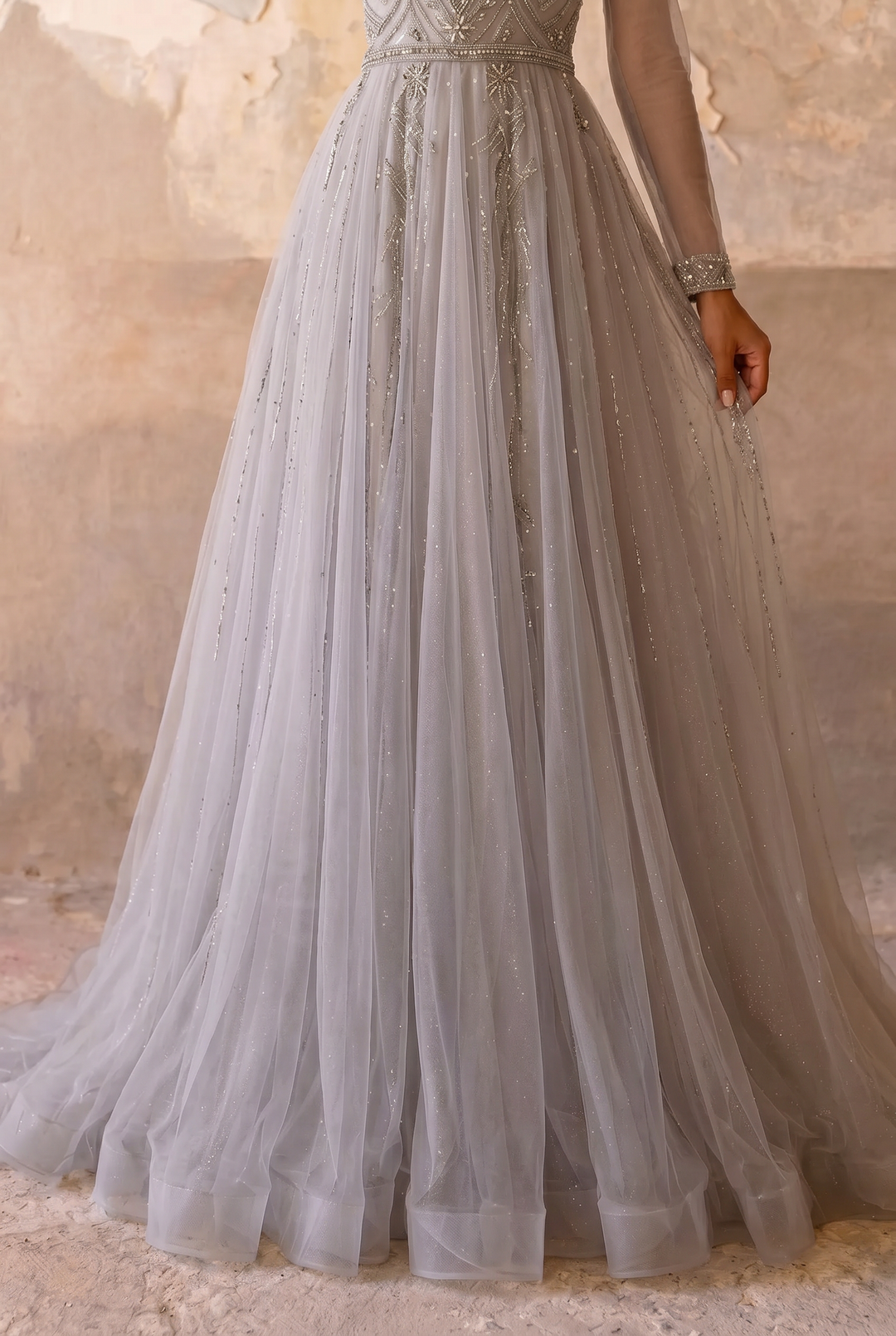 Silver Grey Beaded Long Sleeve Evening Dress and Pretty Sequin Dress - Elegant Tulle Formal Gown Plus Size