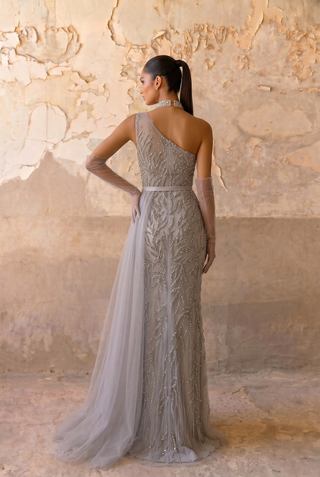 silver formal plus size dress Final Sale V-Neck Gown with Twisted Waist Band in Foi size lace LaDivine CD786C Plus Size Long