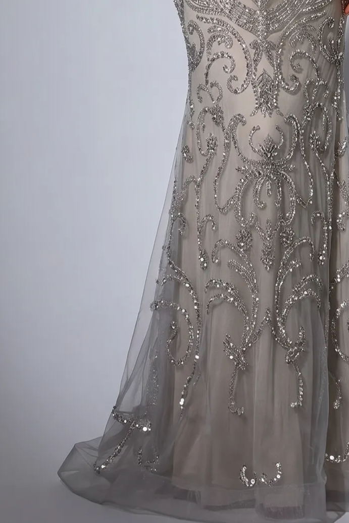 Silver Grey Embellished Long Sleeve Dress - Pretty Sequin Dress - Elegant Beaded High Neck Evening Gown Plus Size