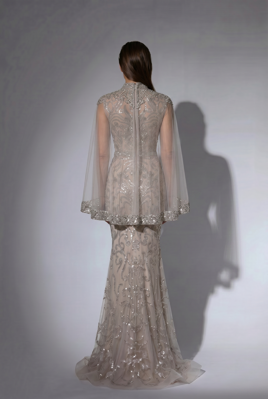 Silver Grey Embellished Long Sleeve Dress - Pretty Sequin Dress - Elegant Beaded High Neck Evening Gown Plus Size