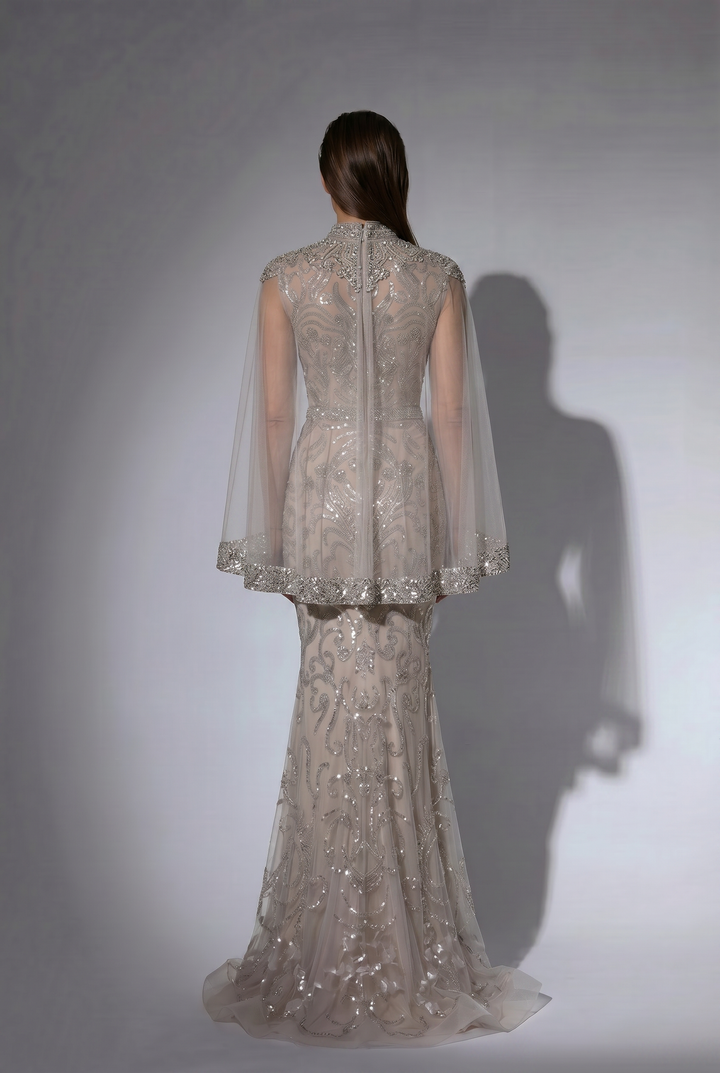 Silver Grey Embellished Long Sleeve Dress - Pretty Sequin Dress - Elegant Beaded High Neck Evening Gown Plus Size