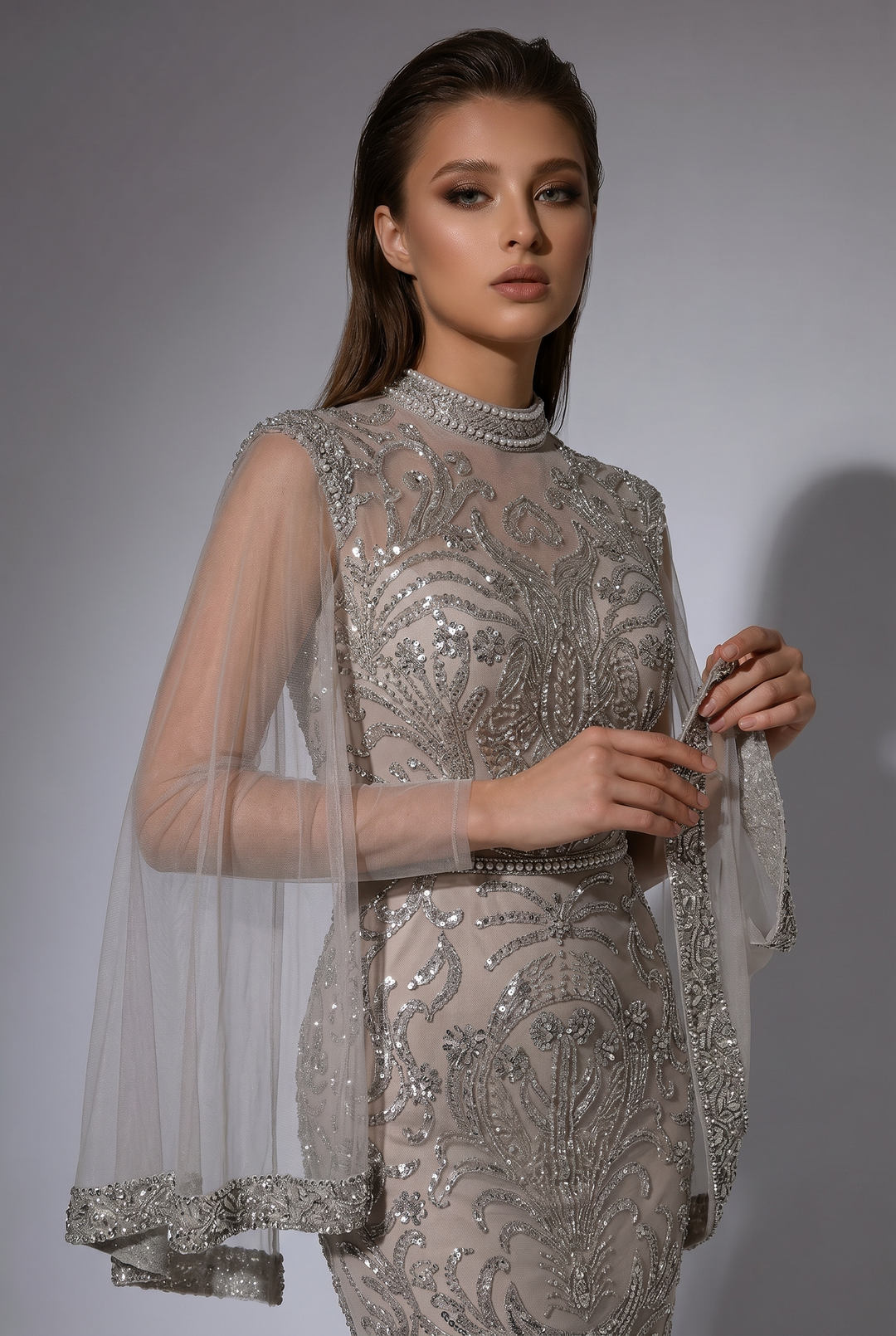 Silver Grey Embellished Long Sleeve Dress - Pretty Sequin Dress - Elegant Beaded High Neck Evening Gown Plus Size