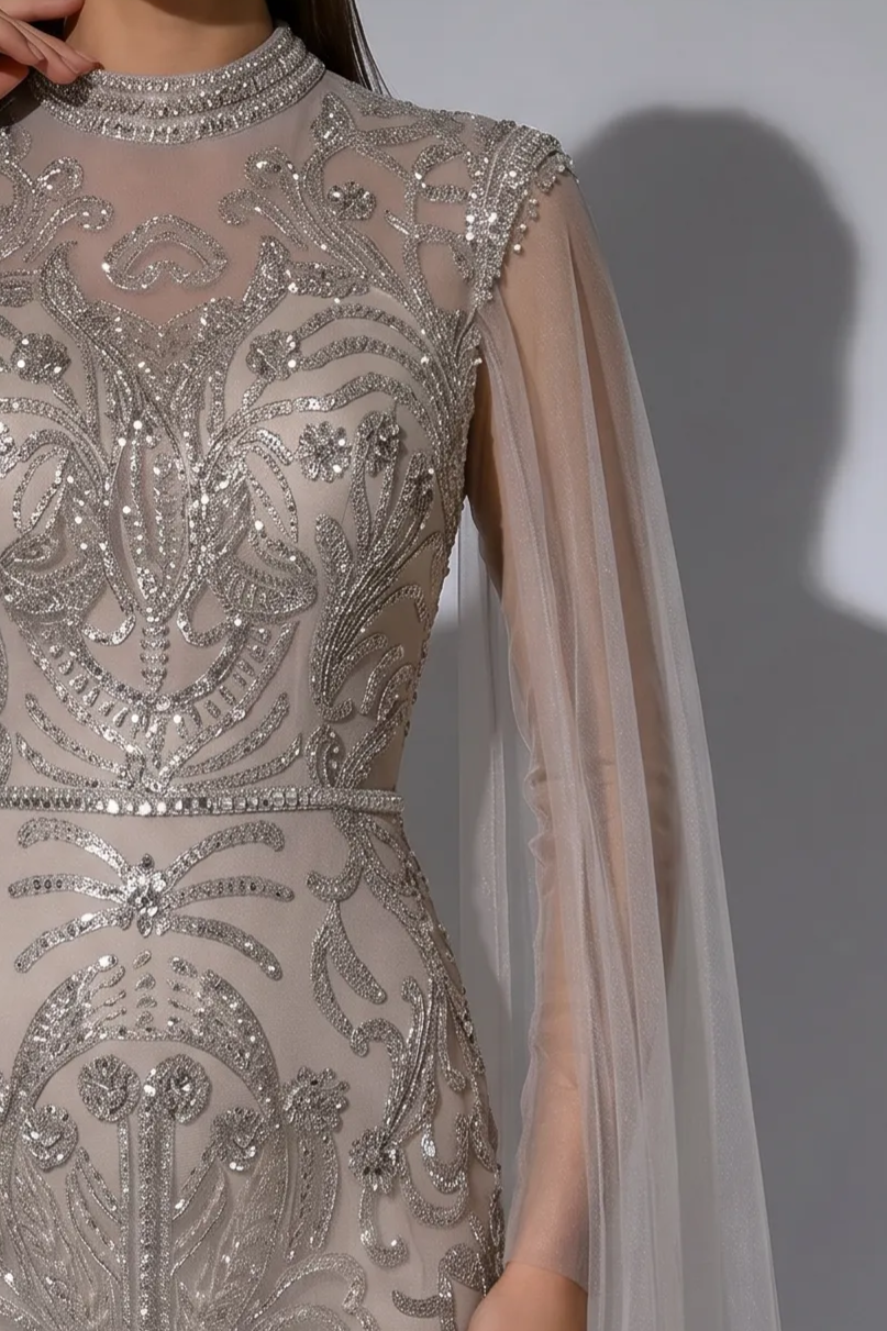 Silver Grey Embellished Long Sleeve Dress - Pretty Sequin Dress - Elegant Beaded High Neck Evening Gown Plus Size