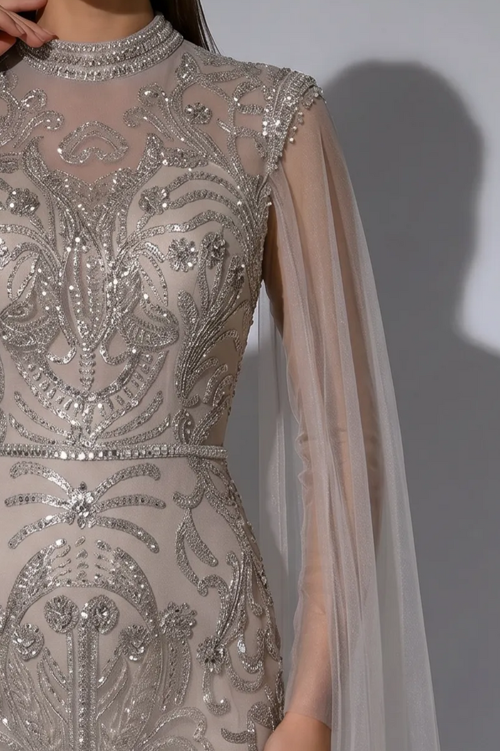 Silver Grey Embellished Long Sleeve Dress - Pretty Sequin Dress - Elegant Beaded High Neck Evening Gown Plus Size
