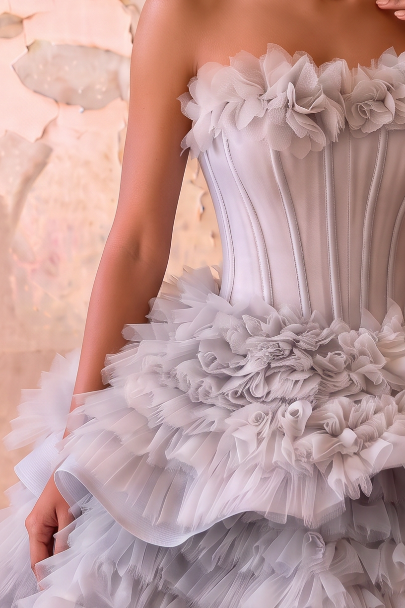 Silver Grey Layered Tulle Party Dress - Grey Corset Back Wedding Dress Plus Size