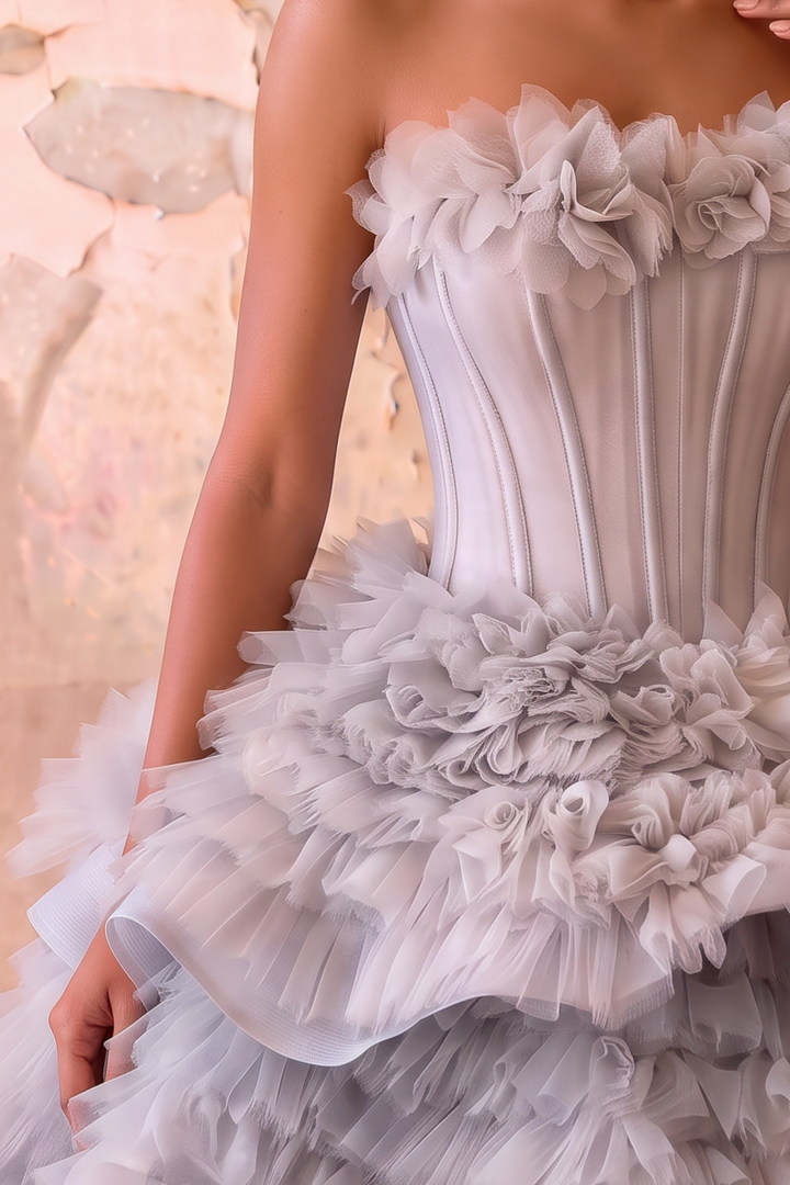 Silver Grey Layered Tulle Party Dress - Grey Corset Back Wedding Dress Plus Size