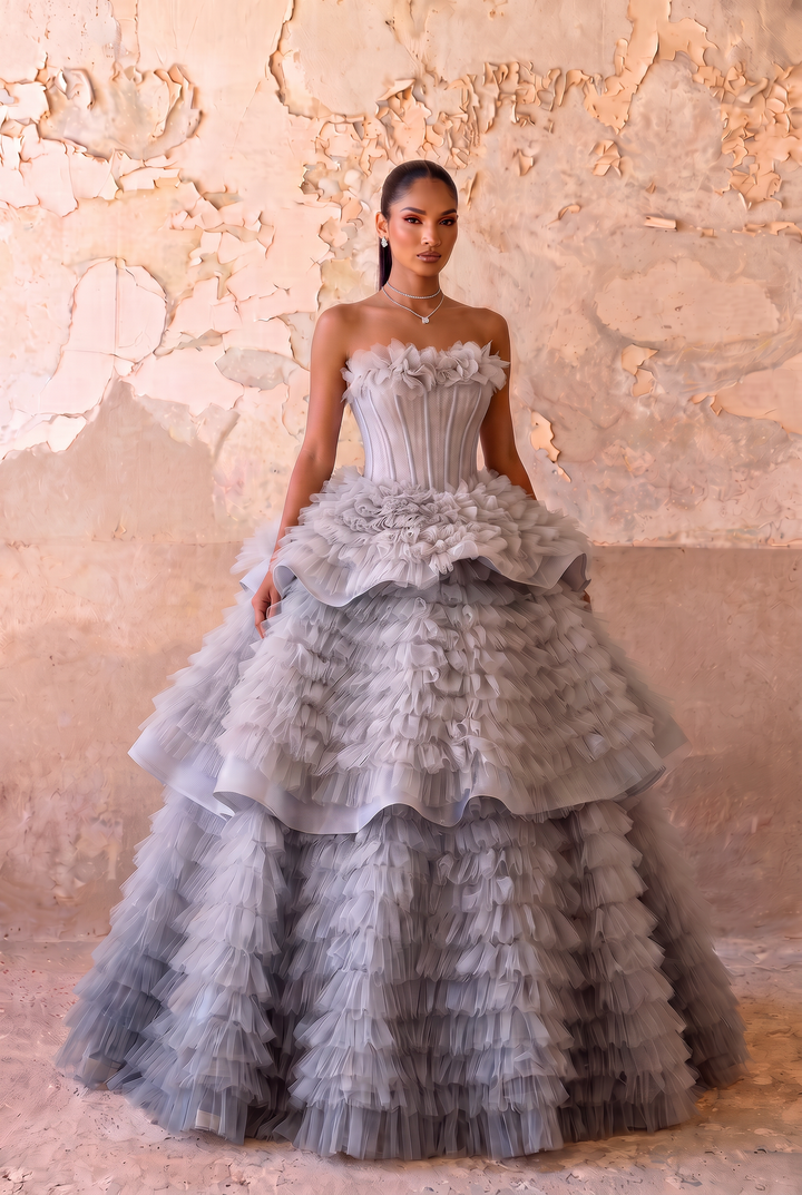 Silver Grey Layered Tulle Party Dress - Grey Corset Back Wedding Dress Plus Size