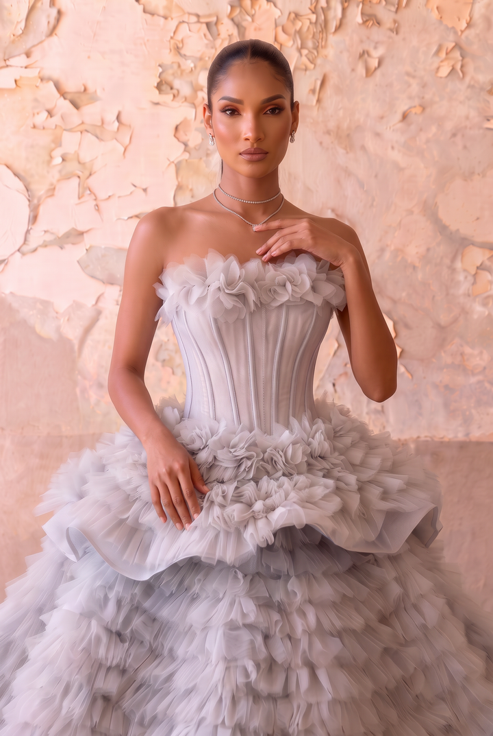 Silver Grey Layered Tulle Party Dress - Grey Corset Back Wedding Dress Plus Size