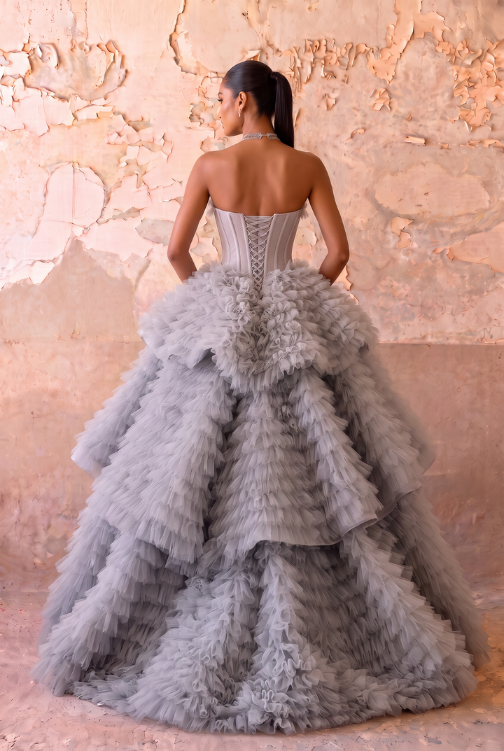 Silver Grey Layered Tulle Party Dress - Grey Corset Back Wedding Dress Plus Size