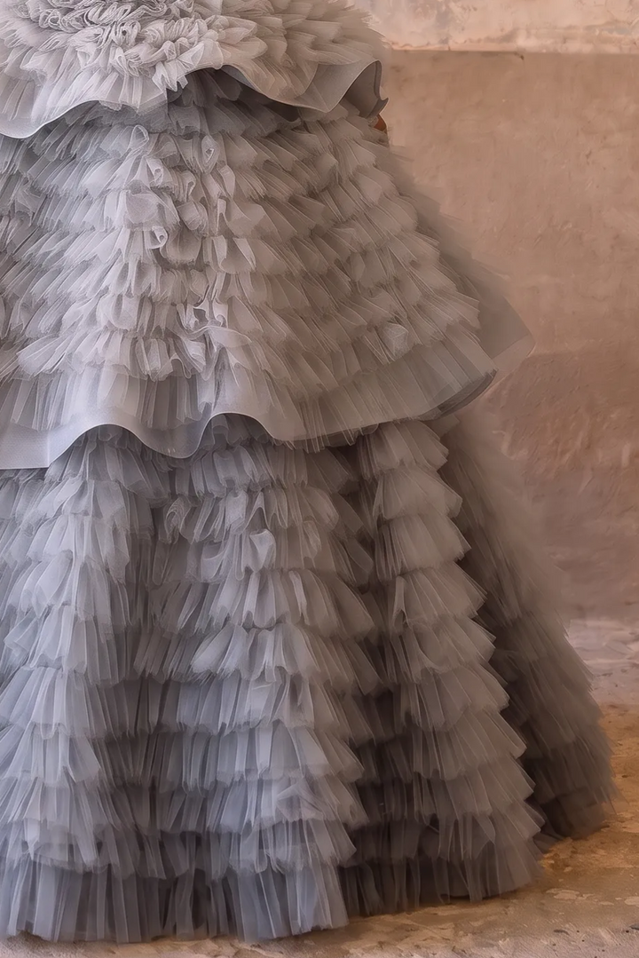Silver Grey Layered Tulle Party Dress - Grey Corset Back Wedding Dress Plus Size