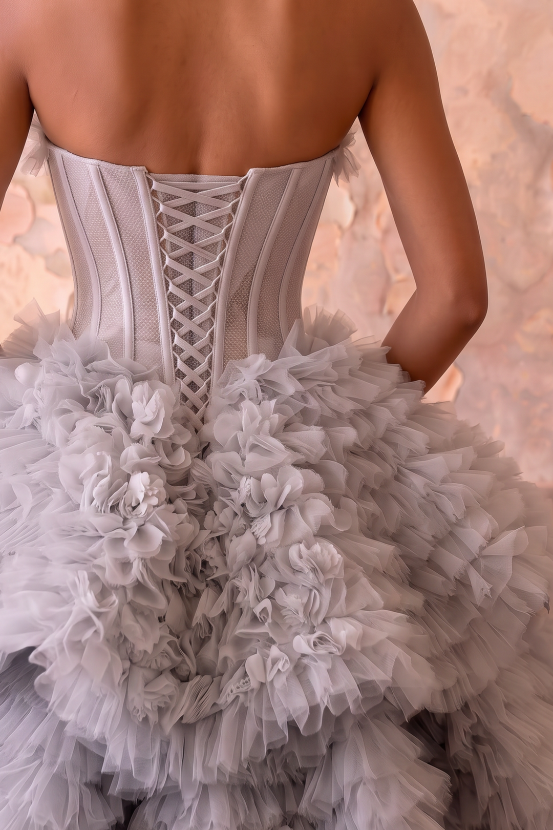 Silver Grey Layered Tulle Party Dress - Grey Corset Back Wedding Dress Plus Size