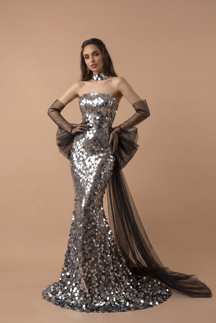 Silver Sequin Strapless Evening Gown with Corset - Silver Sequined Mermaid Dress with Bow Plus Size