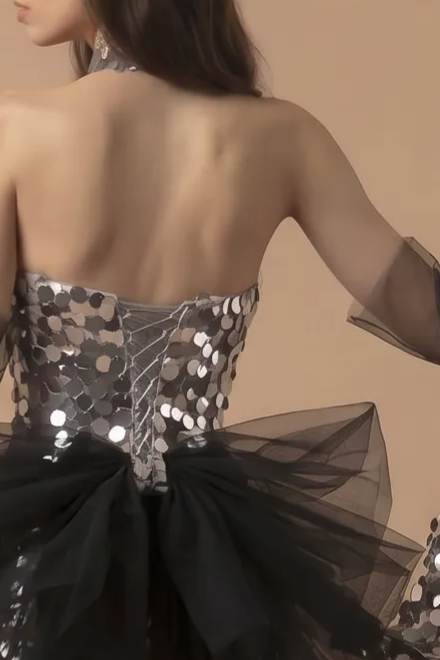 Silver Sequin Strapless Evening Gown with Corset - Silver Sequined Mermaid Dress with Bow Plus Size