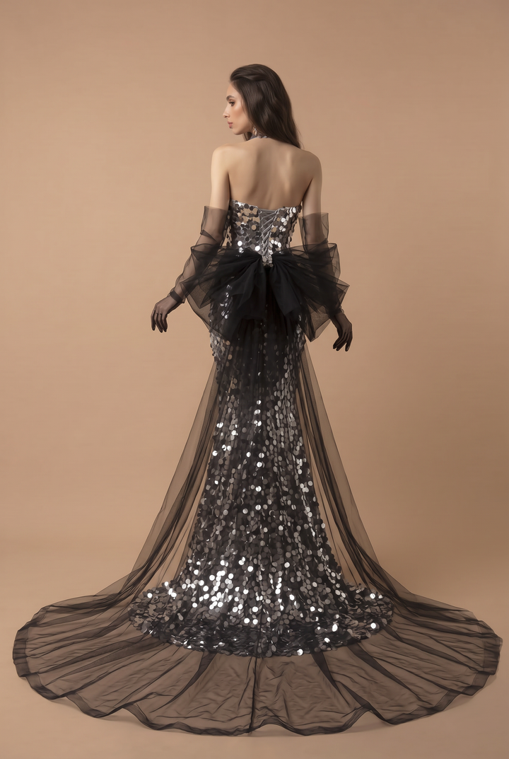 Silver Sequin Strapless Evening Gown with Corset - Silver Sequined Mermaid Dress with Bow Plus Size